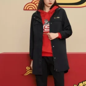 CNY-Serie Lässige lange Jacke «Schwarz-Rot»