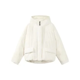 Einfarbige Daunenjacke mit verdecktem Reissverschluss, elastischem Bund und Kapuze „Pink White“