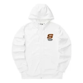 Farbenfrohe Freizeit-Serie: Kapuzenjacke mit Reissverschluss und Buchstabenprint „Weiss Rot“