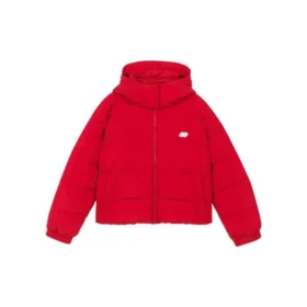 Kurze, warme Daunenjacke mit Kapuze und langen Ärmeln „Weiss Rot“