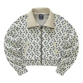 Kurzjacke mit Stehkragen und Reissverschluss sowie Logo-Print „Beige Blau Weiss“