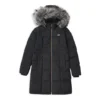 Lange Daunenjacke mit Kapuze, Kordelzug und Fellbesatz „Schwarz-Weiss“