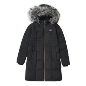 Lange Daunenjacke mit Kapuze, Kordelzug und Fellbesatz „Schwarz-Weiss“