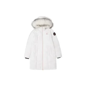 Lange Daunenjacke mit Kapuze, Kordelzug und Fellbesatz „Schwarz-Weiss“