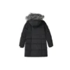 Lange Daunenjacke mit Kapuze, Kordelzug und Fellbesatz „Schwarz-Weiss“